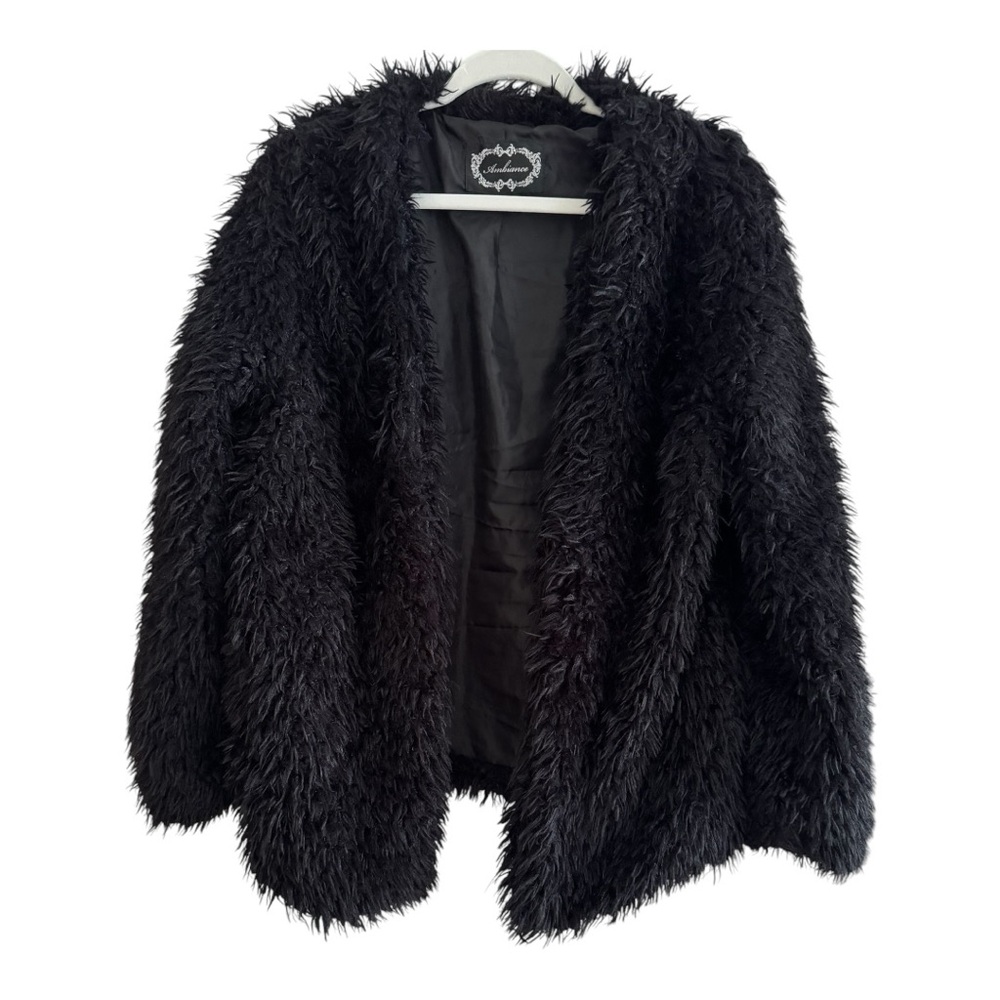 AMBIANCE Black Shaggy Faux Fur Open Front Jacket Coat! Size Large